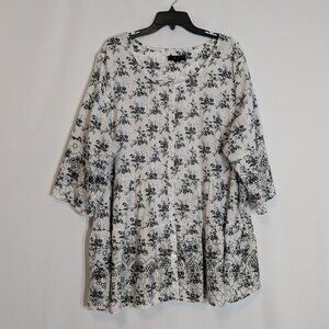 ELLOS White/Black Floral 3/4 Sleeve Cotton Button Front Boho Peasant Top Size 2X